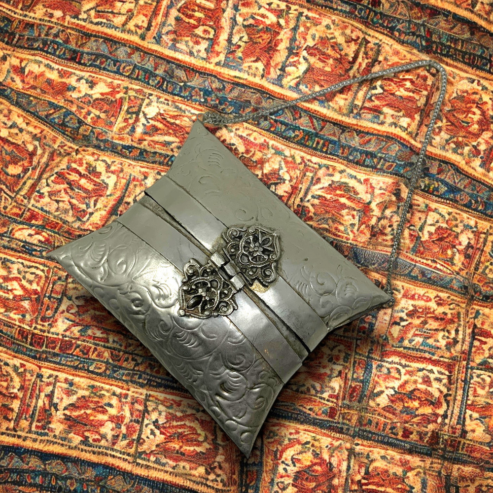 Vintage Byzantine Silver Tone Metal Hinged Pillow Purse Tiny Velvet Lined